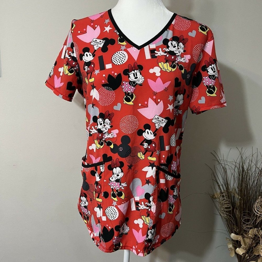 Disney's Mickey and Minnie Mouse Scrub Top LOVE Performance Stretch Red Size M ?